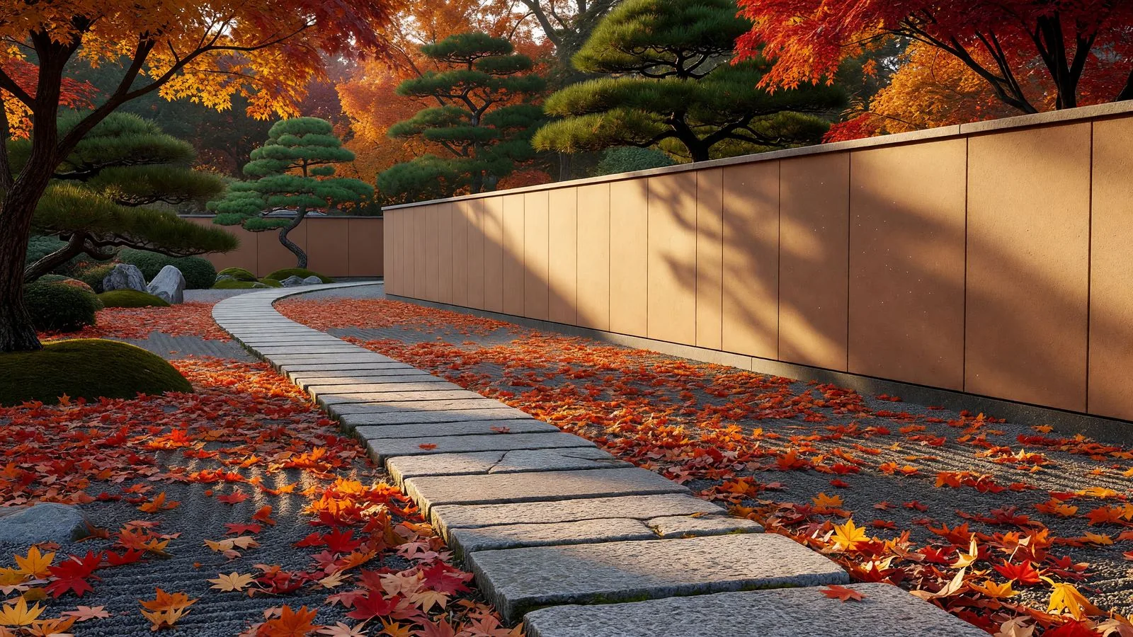 紅葉の庭園石畳とクレイウォール
