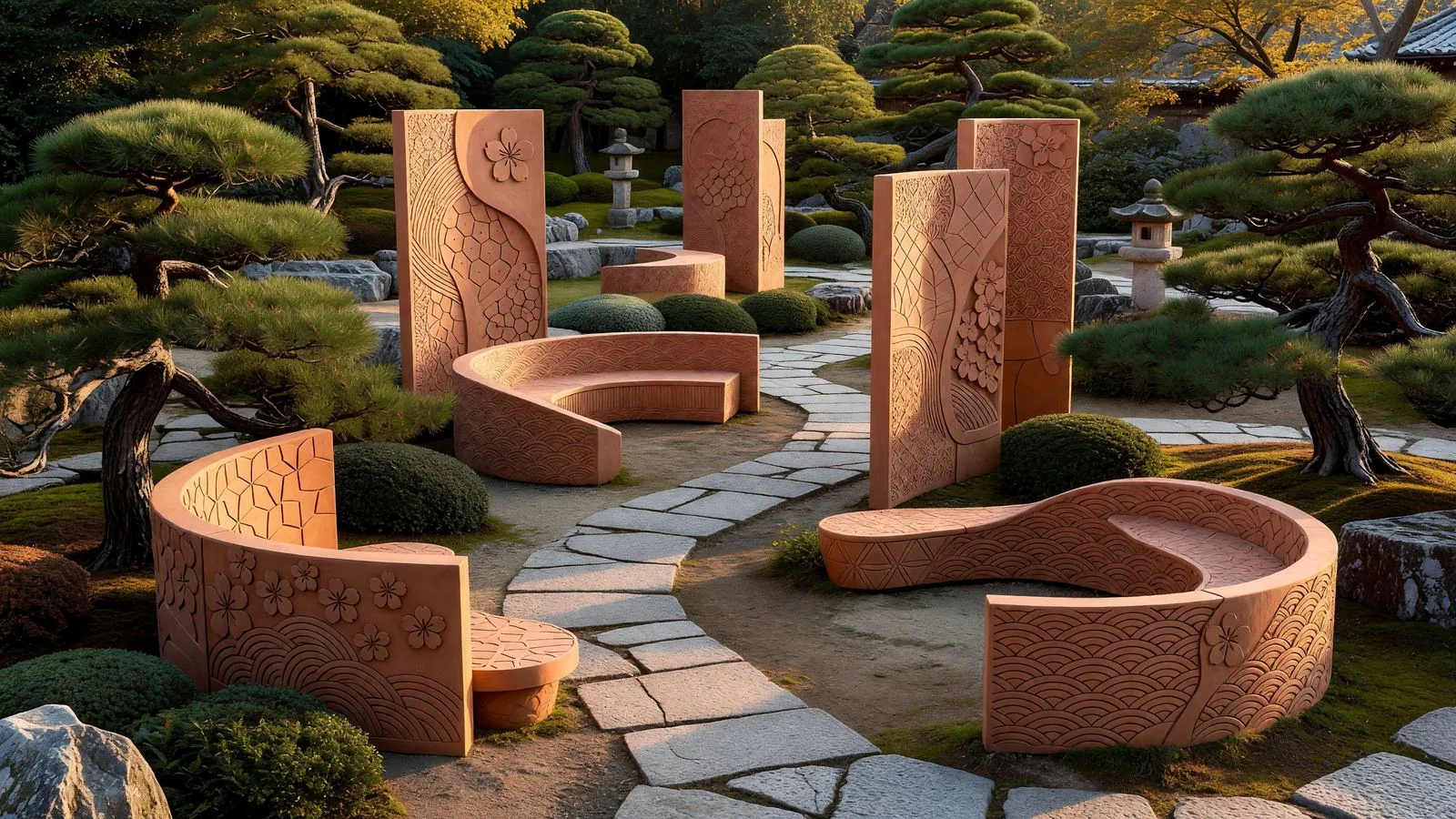 彫刻的なクレイパネルを用いた現代庭園の要素