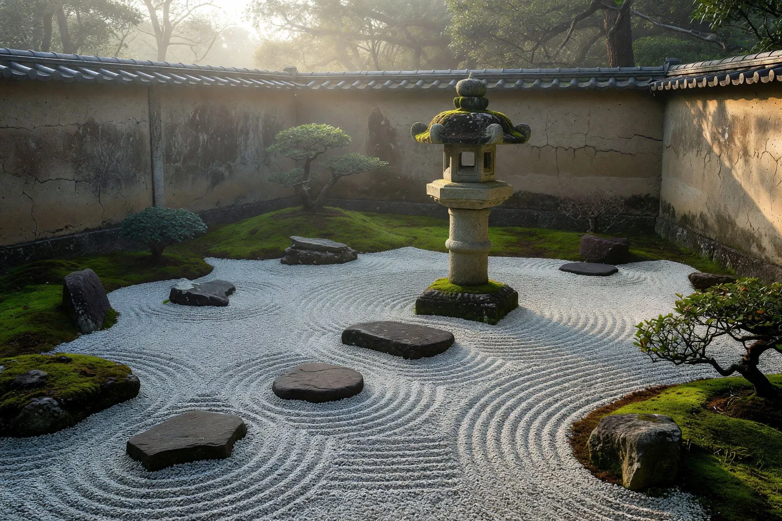 苔と飛び石が配された瞑想庭園の小径